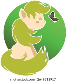 A pony sitting with a butterfly on a green background, suitable for a 2026 New Year calendar, greeting cards, and children's events. Vector illustration EPS10