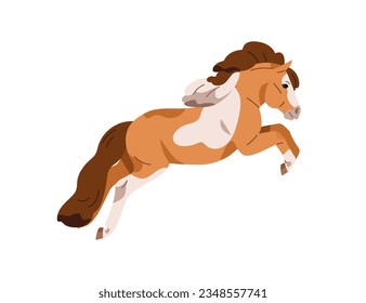 Pony, small little horse breed. Spotted stallion foal running, jumping. Trained equine animal in fast motion, action, movement, leap. Flat graphic vector illustration isolated on white background