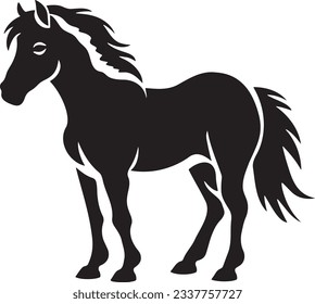 Pony standing, Basic simple Minimalist vector graphic, isolated on white background, black and white