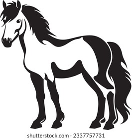 Pony de pie, Basic simple gráfico vector minimalista, aislado en fondo blanco, negro y blanco