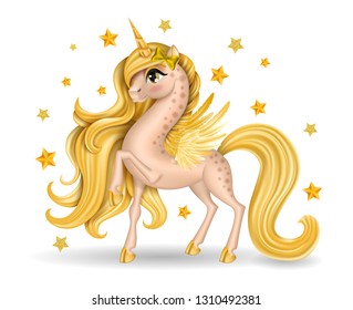 Pony Unicorn With Bow Tie, Big Eyes And Golden Long Hair (Mane, Tail), Horn, Stars, Hooves, Feather Wings, Cartoon Character Hand Drawn, Realistic Vector 3D Illustration