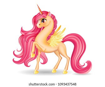 Pony Unicorn Character with Big Eyes and Golden Wings, Hooves, Isolated on White Background, Long Hair (Mane, Tail), Striped Horn, Cartoon Personage, Hand Drawn, Vector 3D Illustration for Children