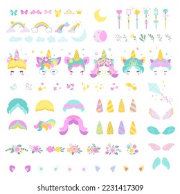 Pony unicorn face constructor, child game or print make bundle. Magic unicorns elements, ears hair and fairy stick. Party nowaday vector set