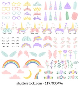 Pony unicorn face elements. Pretty hairstyle, magic horn and little fairy crown. Unicorns character head creative rainbow, wreath and hairstyle. Girly cartoon vector isolated illustration icon set