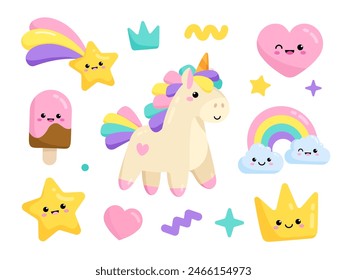 Pony Unicornio y divertidos iconos de kawaii: helado, corona, arco iris, corazón, caída de la estrella, etc para los estampados de pijamas y tarjeta de felicitación, decoración de la fiesta de cumpleaños. Colores suaves en estilo pastel