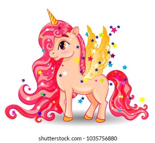 Pony Unicorn with Golden Wings and Big Eyes on White Background, Long Hair (Mane, Tail), Cartoon Character Hand Drawn Vector Illustration