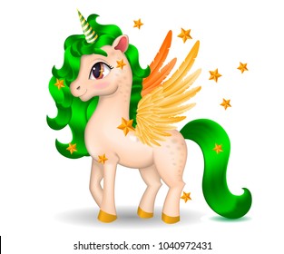 Pony Unicorn with Golden Wings and Big Eyes on white Background, Cartoon Character Hand Drawn Vector Illustration