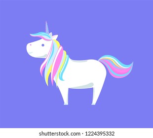 Pony unicorn from legend, mysterious horse from fairy tale isolated. Imaginary pet with rainbow color horn and mane, cartoon horse for print on t-shirts