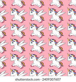 Pony unicorn seamless pattern, magical creature with wings repeat on pink background, vector illustration.