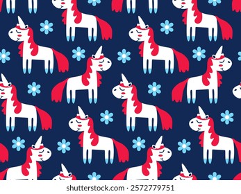 Pony unicorns for baby. Seamless pattern for design of children's products. Animals childish repeat print for kids outerwear: girly quilted coats, winter puffy boots. Unicorns cute nursery wallpaper.