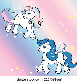 Pony vector with mane. Pony on starry rainbow background.
Romantic hand drawing illustration for children