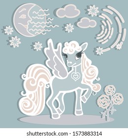 Pony with wings, a Pegasus horse walks at night on a lawn with a rose, on a gray background the moon, stars and clouds, vector flat clip art with shadows
