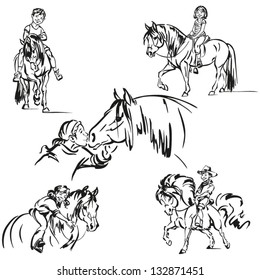 Pony-ranch scenes Brush-drawing based illustrations of children riding or cuddling their ponies