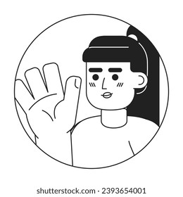 Ponytail asian woman saying hi hello black and white 2D vector avatar illustration. Goodbye happy biracial girl outline cartoon character face isolated. Non verbal acknowledge flat portrait