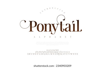 Ponytail premium luxury elegant alphabet letters and numbers. Elegant wedding typography classic serif font decorative vintage retro. Creative vector illustration