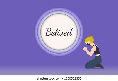 A ponytail woman in black face mask wear sleeveless shirt, jeans and boots is kneeling and praying for something that can be written in the circle of the wall. Vector background.