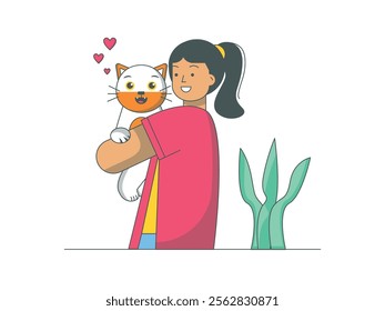 Ponytail woman holding her beloved cat, warm hug with happy face. Character design. Vector flat illustration