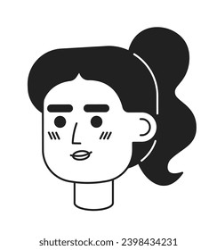 Ponytail young adult woman blushing shy black and white 2D vector avatar illustration. Brunette middle eastern outline cartoon character face isolated. Millennial flat user profile image, portrait