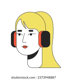 Ponytail young adult woman headphones 2D linear cartoon character head. Melomaniac female european isolated line vector person face white background. Blonde caucasian color flat spot illustration