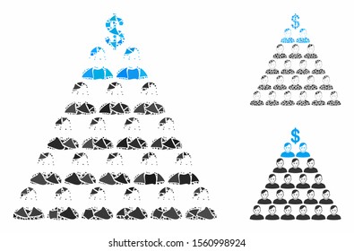 Ponzi pyramid scheme composition of abrupt elements in variable sizes and color tints, based on Ponzi pyramid scheme icon. Vector abrupt elements are combined into mosaic.