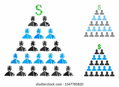 Ponzi pyramid scheme composition of unequal elements in variable sizes and color tones, based on Ponzi pyramid scheme icon. Vector tremulant elements are combined into collage.