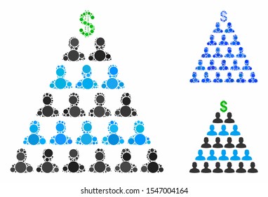 Ponzi pyramid scheme mosaic of filled circles in different sizes and shades, based on Ponzi pyramid scheme icon. Vector filled circles are organized into blue mosaic.