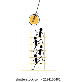 Ponzi pyramid scheme. People go up the stairs. Chasing money. Vector illustration isolated on white background.
