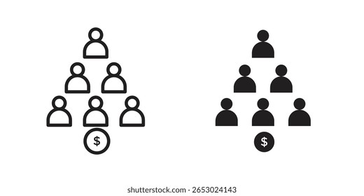 Conjunto de símbolos de esquema Ponzi en negro. línea e iconos planos