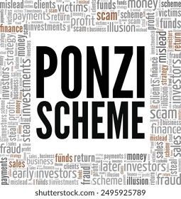 Diseño conceptual de la nube de palabras de Ponzi Scheme aislado sobre fondo blanco.