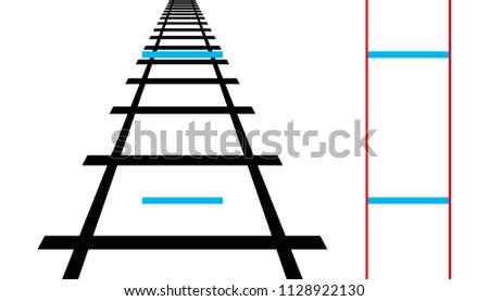 Ponzo illusion, geometrical optical illusion. Both blue horizontal lines are the same length. The human mind judges the size of an object based on its background. Illustration over white. Vector.