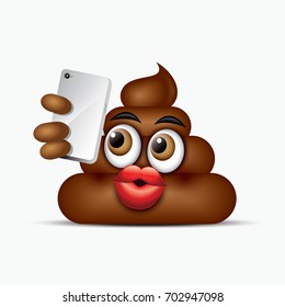 Poo emoticon taking selfie with smart phone, emoji - poop face - vector illustration