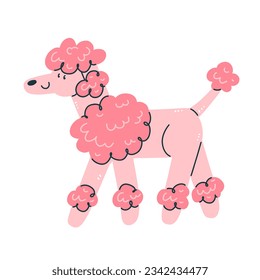 A poodle breed dog isolated on the background. Cartoon character pink dog. Vector illustration.