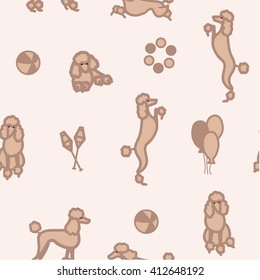 Poodle and circus equipment. Background seamless pattern for invitations and wrapping paper with scattered icons in square format.