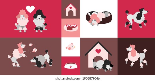 Poodle couple in love, saint Valentines postcard motive illustation