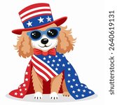 Poodle dog in 4th of July disguise celebrating independence day USA , wearing American flag pattern cape, uncle Sam hat and sunglasses. Vector colorful illustration on a white background.
