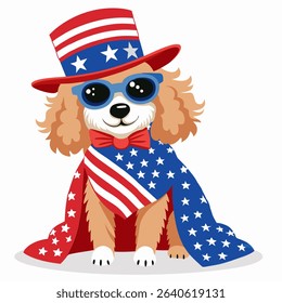 Poodle dog in 4th of July disguise celebrating independence day USA , wearing American flag pattern cape, uncle Sam hat and sunglasses. Vector colorful illustration on a white background.