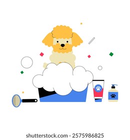 Poodle Dog In Bath With Grooming Products In Flat Vector Illustration Symbolizing Pet Care, Grooming, And Hygiene, Isolated On White Background