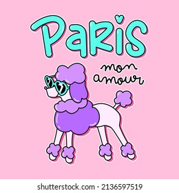 POODLE DOG WITH GLASSES IN PARIS, ILLUSTRATION OF A PURPLE PUPPY, SLOGAN PRINT VECTOR