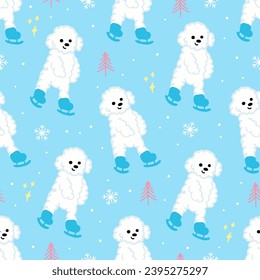 Dibujo vectorial sin fisuras del patinaje sobre hielo del perro canino Poodle. Perro de perro caniche blanco en el fondo del invierno