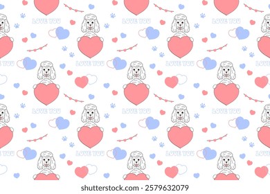 Poodle dog in love and hearts. Seamless pattern for Valentines day. Festive design for wrapping paper, fabric, wallpaper, cards. Vector illustration