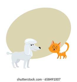 poodle dog dog and red cat, kitten characters, pets, friendship concept, cartoon vector illustration with space for text. poodle dog dog and red cat characters, friends