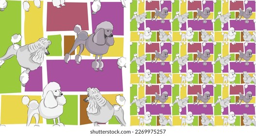 Poodle dog summer bright wallpaper. Holiday abstract shapes square seamless background, repeatable pattern. Birthday wallpaper, Christmas present, print tiles. Simple puzzle with dogs, for pet lovers.