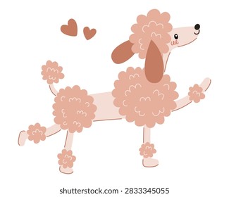 Poodle dog vector illustration. Cute pink groomed poodle character with brown hearts in minimalist style. Childish silly doodle pet clipart icon isolated on white background.