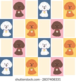 Poodle dog vector seamless pattern checkered mosaic cute teddy brown white chocolate poodle puppies cartoon characters, aesthetic kawaii hand-drawn naive surface design for fabric print