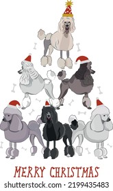 Poodle dogs wearing winter hats. Cute funny dogs. Character design. Abstract Christmas tree. Vector illustration. Merry Christmas greeting card with cute funny dogs. Poodle poster.