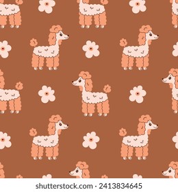 Poodle and Flower seamless pattern. Chamomile and curly dog modern hand drawn background. Pastel colored repeat vector illustration for pets, kids, fabric, textile