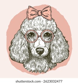 Poodle head realistic ink vector illustration. Realistic cute dog with bow and glasses pen and ink drawing. Design for stationery, postcard, home decor, mug, t-shirt.