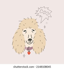 Poodle muzzle with speech bubble vector illustration. Dog wearing collar with heart jewelry. Retro cartoon pet character isolated on grey background.