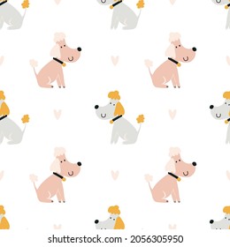 poodle pattern. Cute seamless cartoon background. Stylized dogs on light background. Minimalist modern print. Vector illustration, doodle