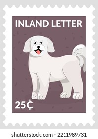 Poodle puppy on postmark or postcard with canine animal. Inland letter piece of paper for correspondence and mail services. Post mark or card, stamp for letter with price. Vector in flat style